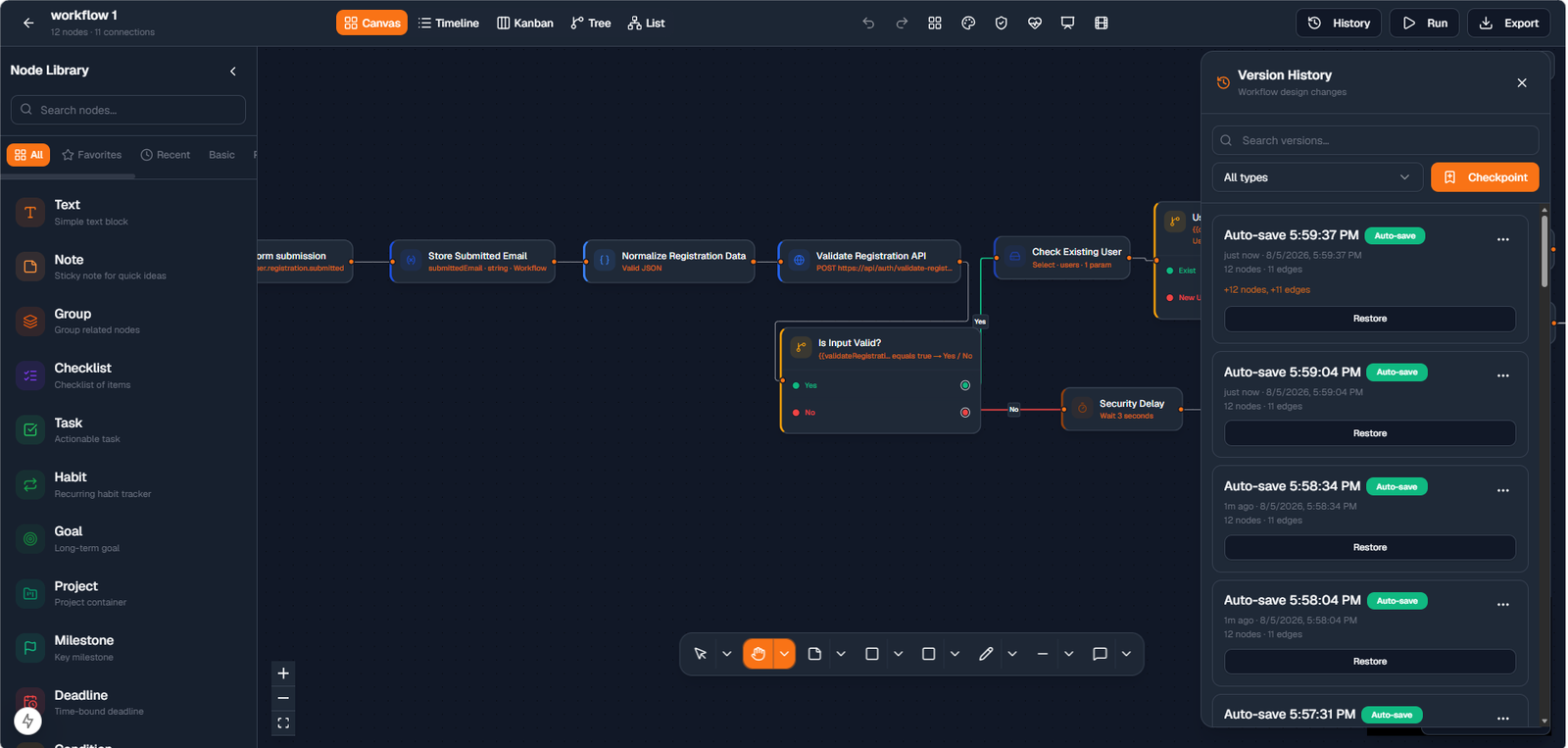 FlowForge version history panel with restore actions