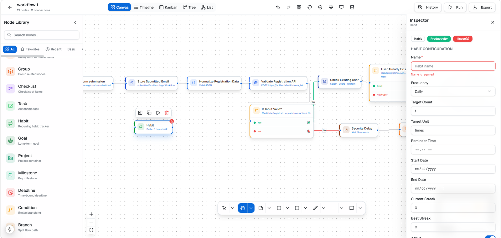 FlowForge node library and schema-driven inspector panel