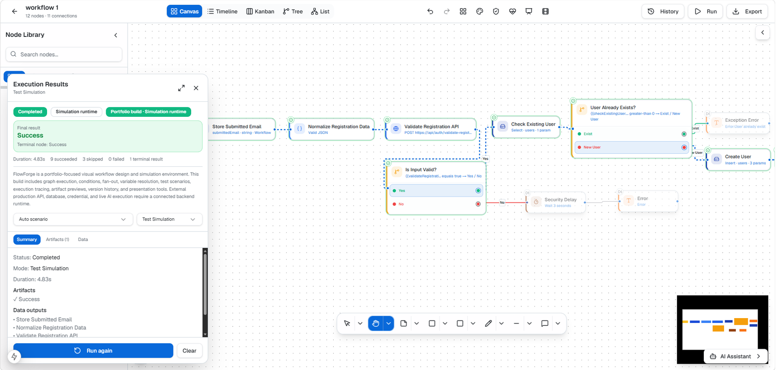 FlowForge execution results panel after a test simulation run