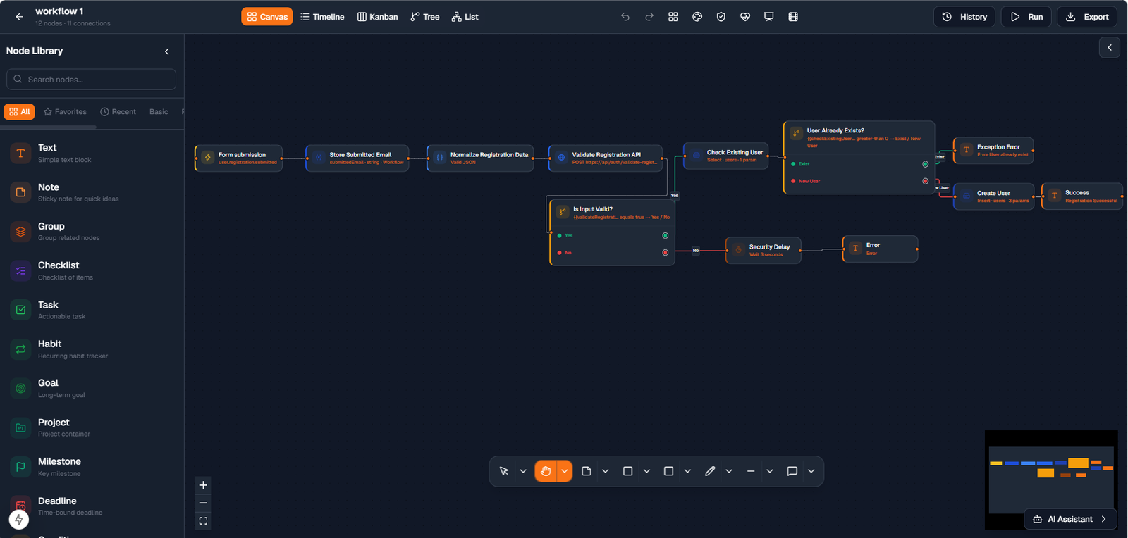 FlowForge canvas editor with registration workflow graph