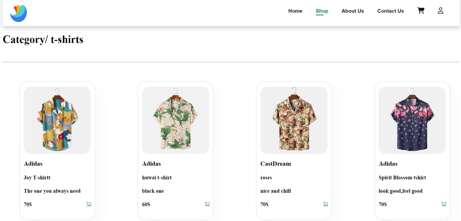 Mystic Marketplace product grid for t-shirts
