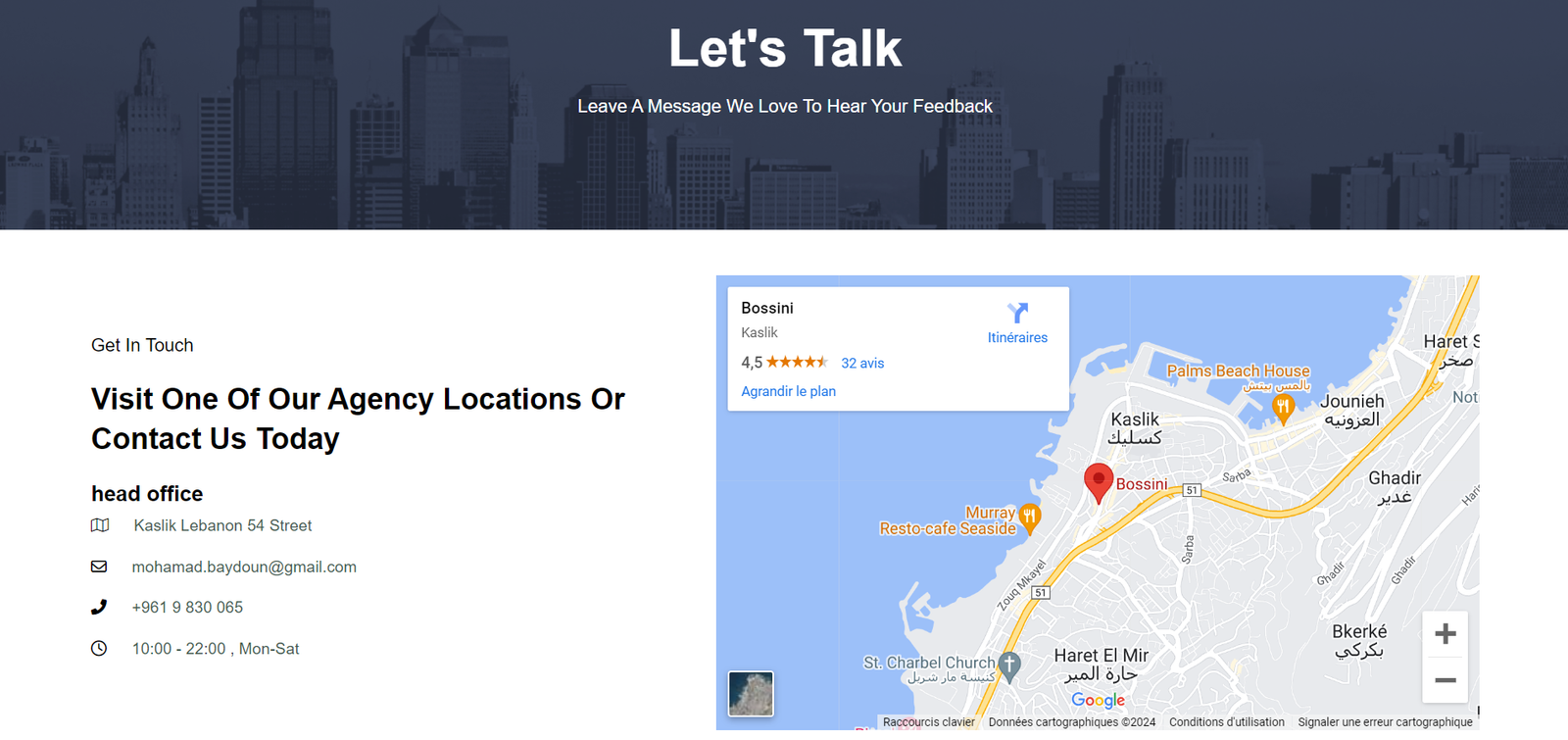 Mystic Marketplace contact page with location map