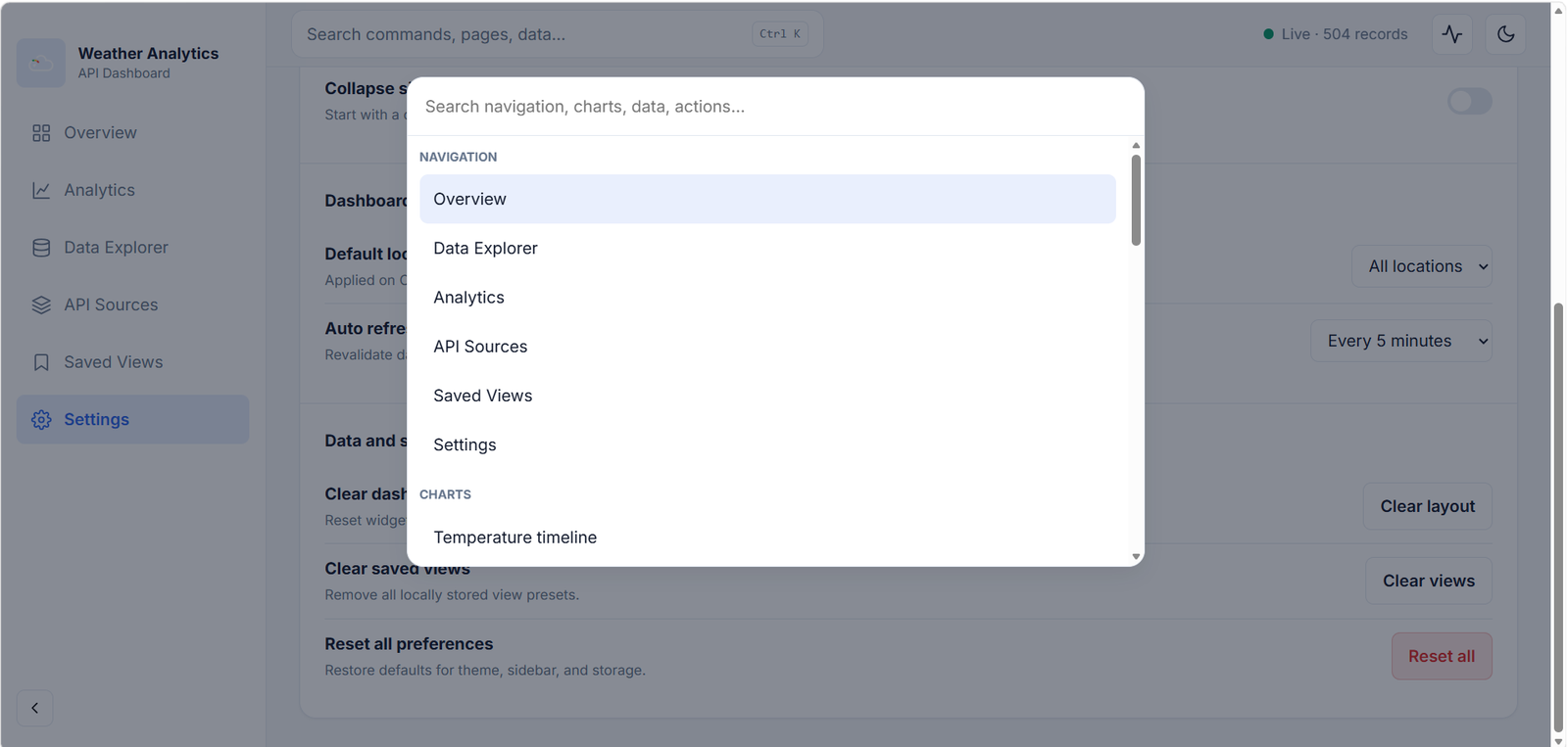 Weather Analytics command palette search overlay