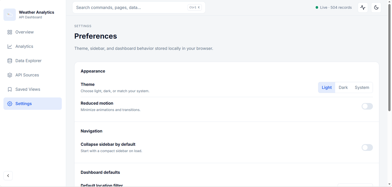 Weather Analytics settings page with theme and sidebar preferences