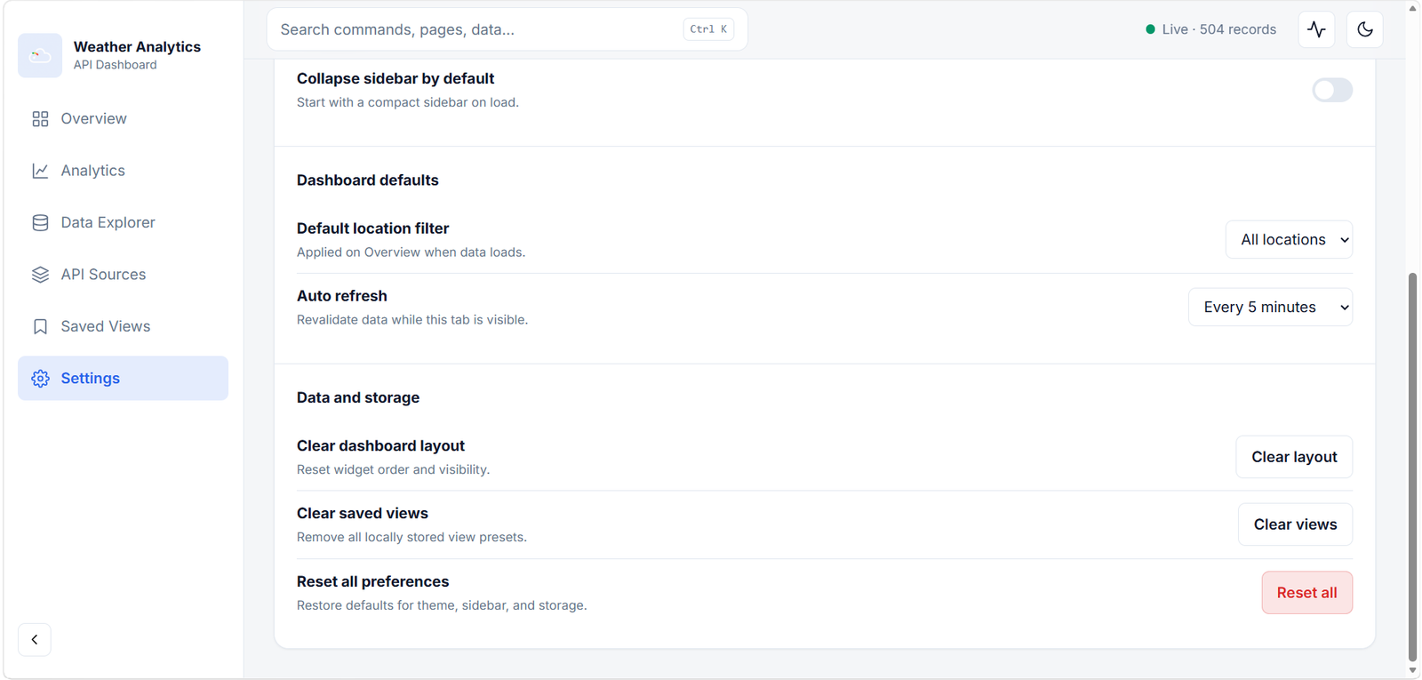Weather Analytics settings page with dashboard defaults and storage controls