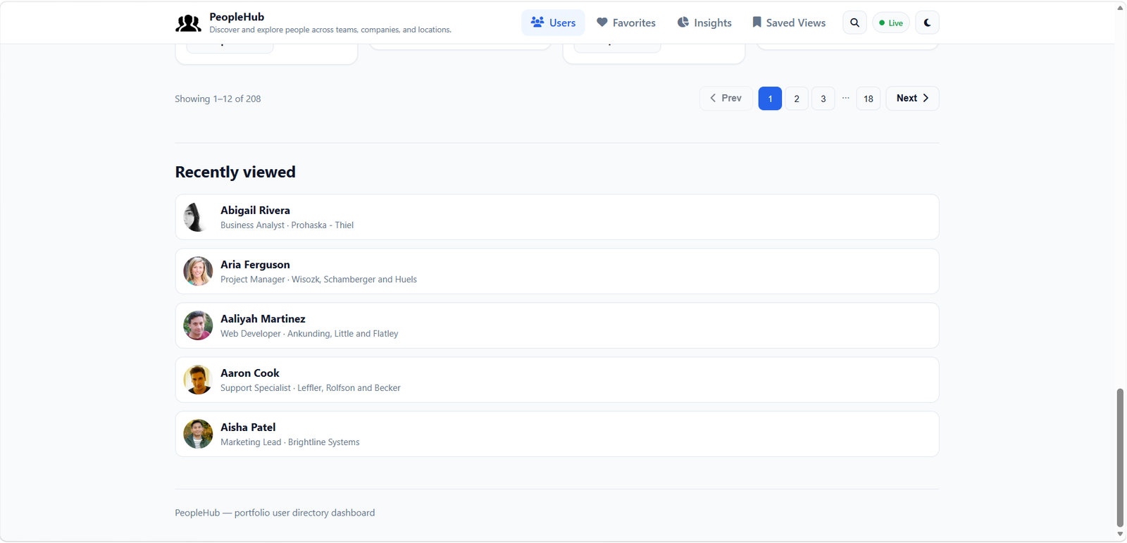 PeopleHub users list view with recently viewed section